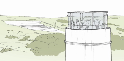 This image: an artist's impression of a 360 degree viewing deck at the top of a chimney, with 
						hills and the limestone quarry behind. 
						The map: the map shows the blue boundary of Breedon's ownership area at the site, 
						with orange interactive markers across the site, showing some of our initial ideas 
						following the theme of heritage and learning, for how the site could be used. These are just some 
						initial ideas, what do you think should be included?
